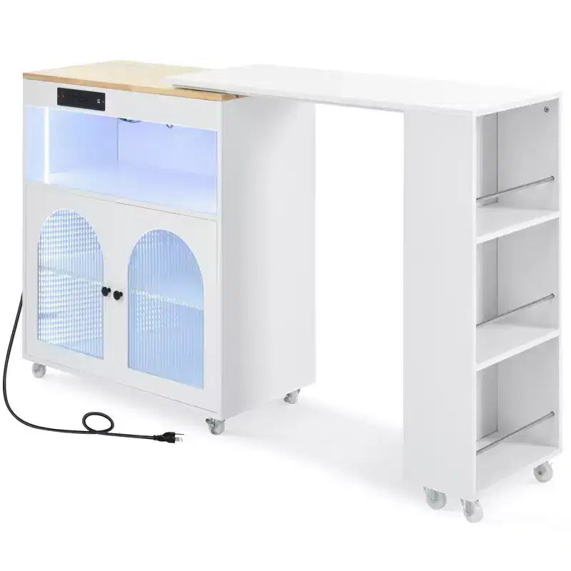 Rolling Kitchen Island with Extended Table, LED Lights, Power Outlets, Glass Doors, Storage, and Open Shelves