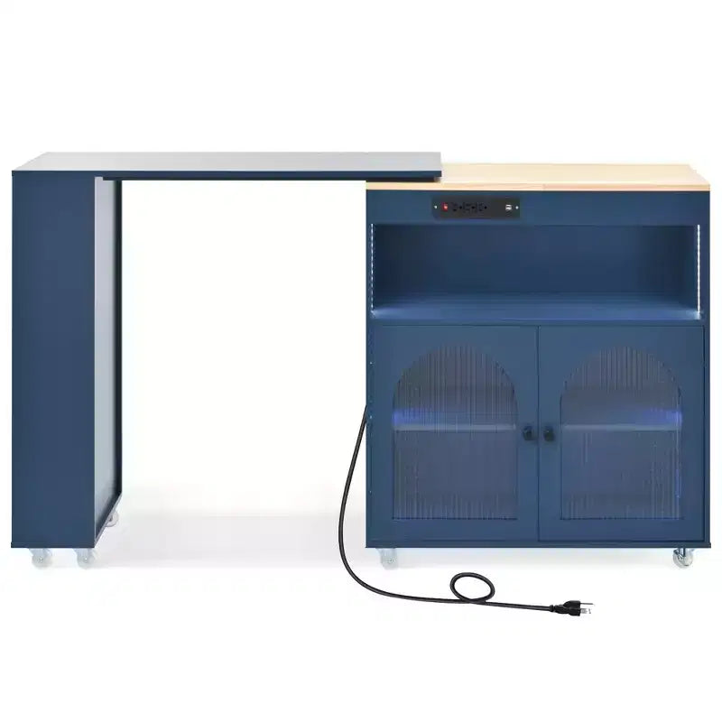 Rolling Kitchen Island with Extended Table, LED Lights, Power Outlets, Glass Doors, Storage, and Open Shelves