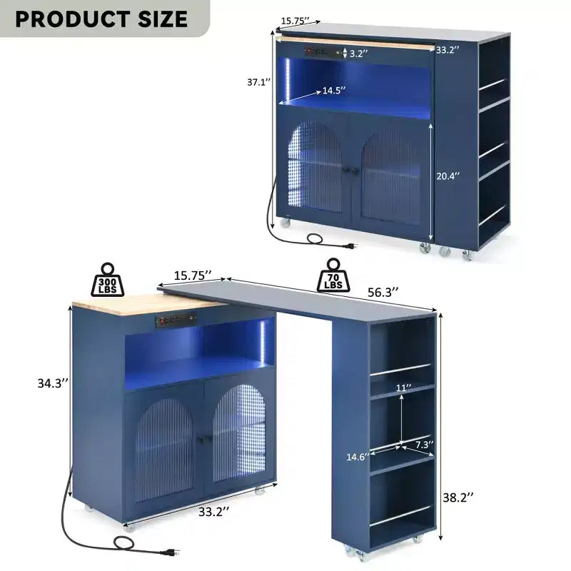 Rolling Kitchen Island with Extended Table, LED Lights, Power Outlets, Glass Doors, Storage, and Open Shelves