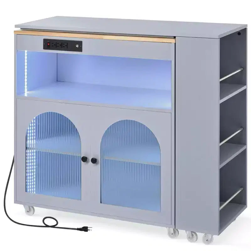 Rolling Kitchen Island with Extended Table, LED Lights, Power Outlets, Glass Doors, Storage, and Open Shelves