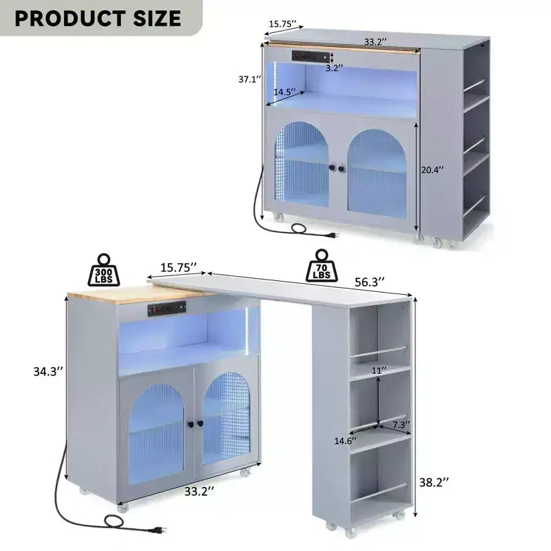 Rolling Kitchen Island with Extended Table, LED Lights, Power Outlets, Glass Doors, Storage, and Open Shelves