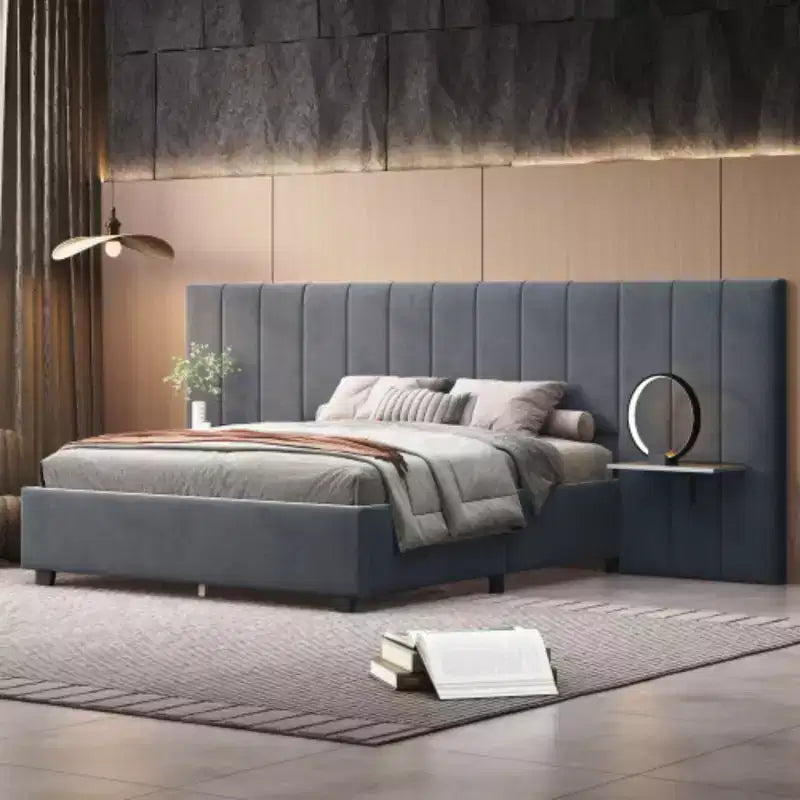 Queen Size Upholstered Platform Bed with Big Headboard, Bedroom Furniture