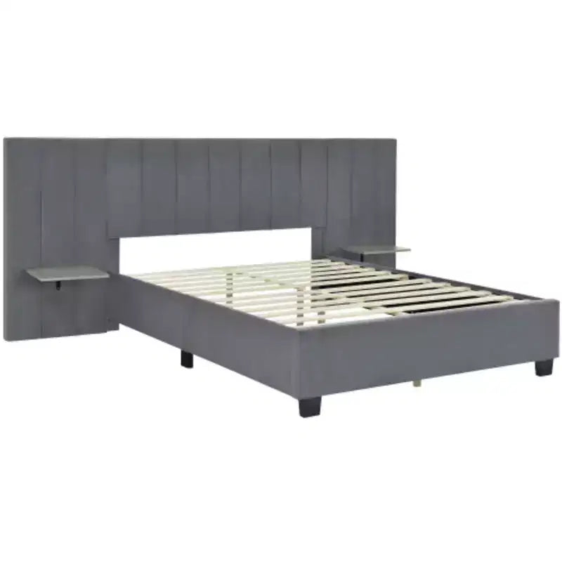 Queen Size Upholstered Platform Bed with Big Headboard, Bedroom Furniture