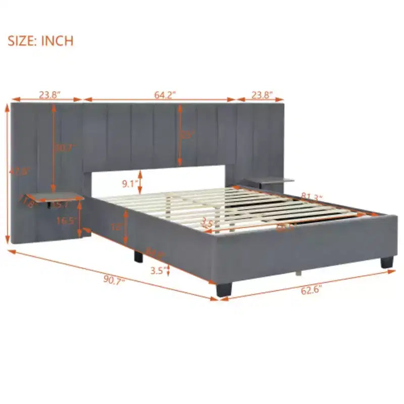Queen Size Upholstered Platform Bed with Big Headboard, Bedroom Furniture
