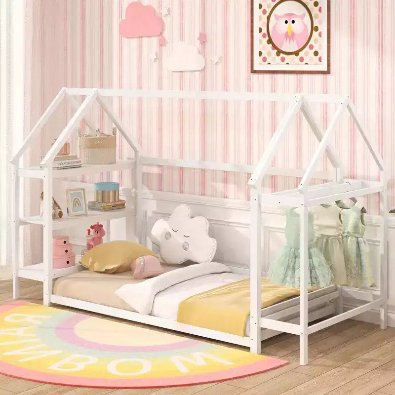 Costway Twin Size House Bed Montessori Floor Bed with Detachable Storage Shelves Gray/White
