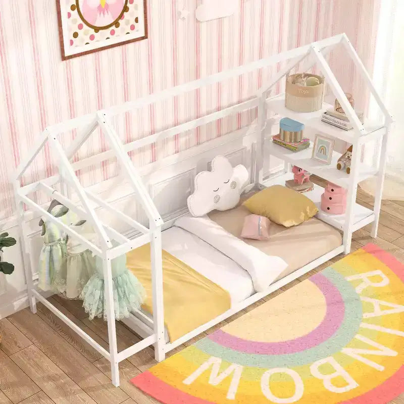 Costway Twin Size House Bed Montessori Floor Bed with Detachable Storage Shelves Gray/White