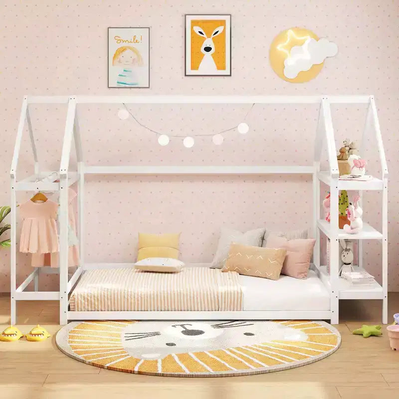 Costway Twin Size House Bed Montessori Floor Bed with Detachable Storage Shelves Gray/White