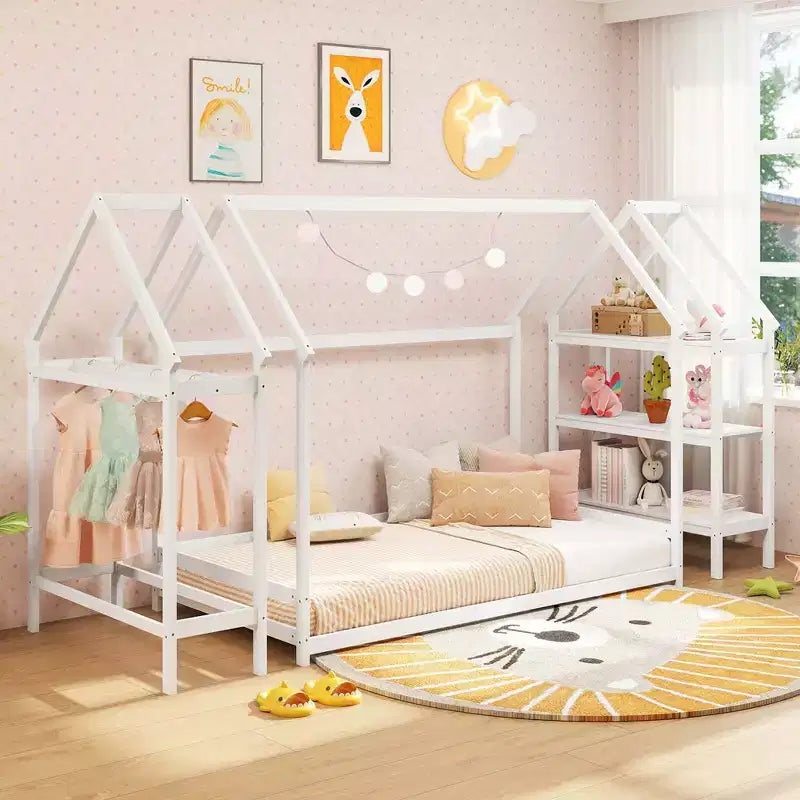 Costway Twin Size House Bed Montessori Floor Bed with Detachable Storage Shelves Gray/White