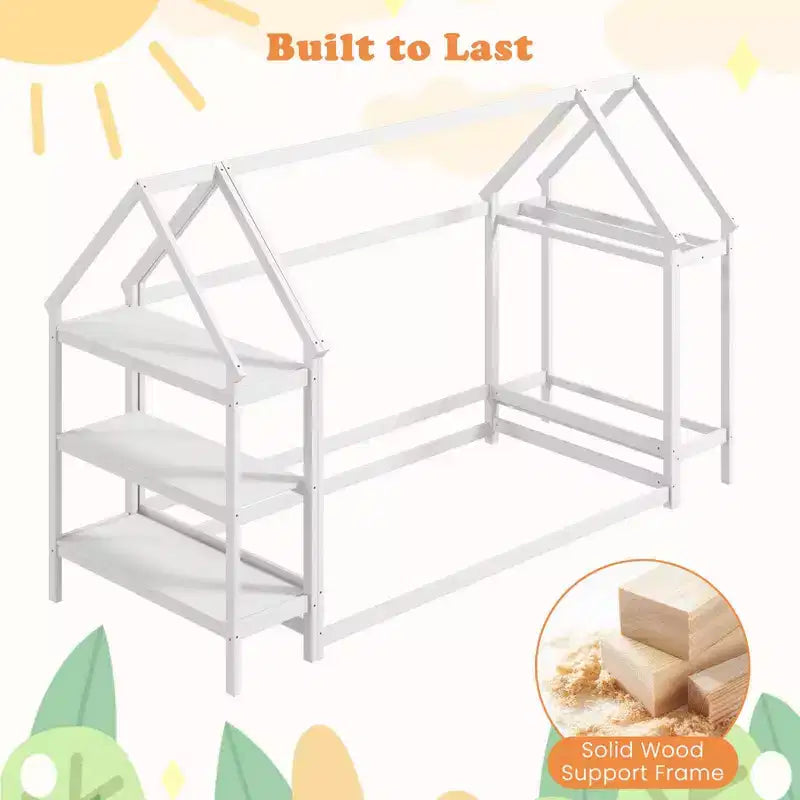Costway Twin Size House Bed Montessori Floor Bed with Detachable Storage Shelves Gray/White
