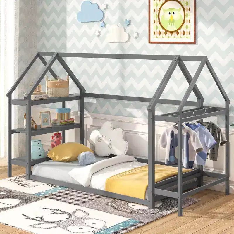 Costway Twin Size House Bed Montessori Floor Bed with Detachable Storage Shelves Gray/White