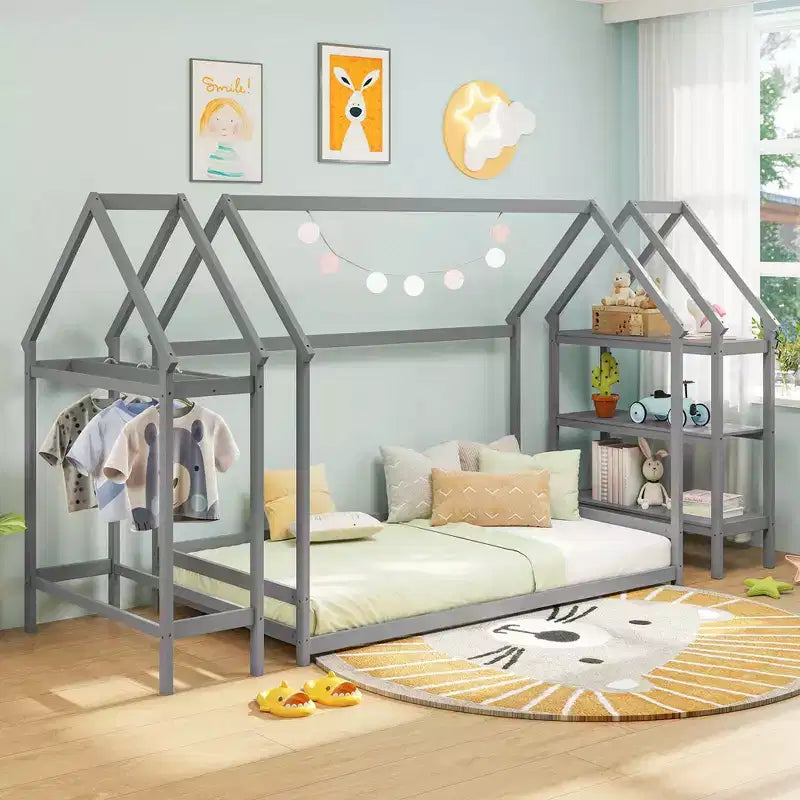 Costway Twin Size House Bed Montessori Floor Bed with Detachable Storage Shelves Gray/White