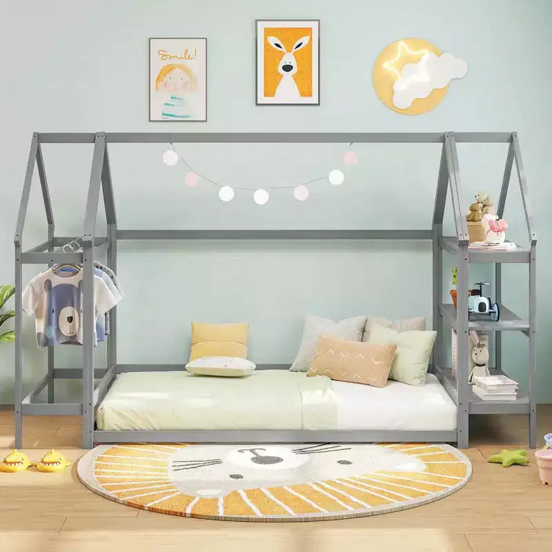 Costway Twin Size House Bed Montessori Floor Bed with Detachable Storage Shelves Gray/White