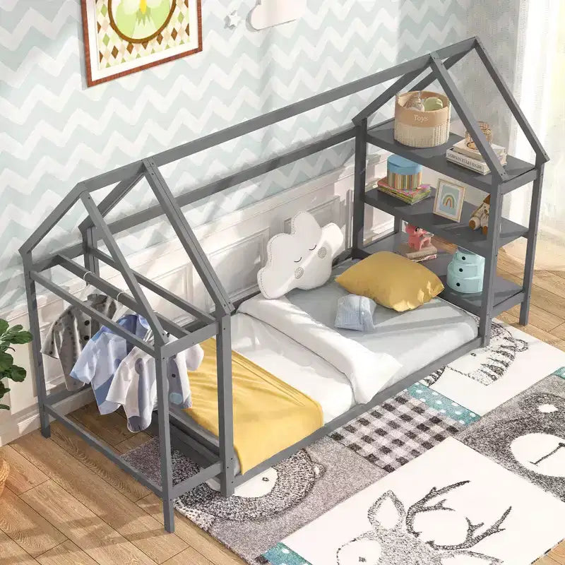 Costway Twin Size House Bed Montessori Floor Bed with Detachable Storage Shelves Gray/White