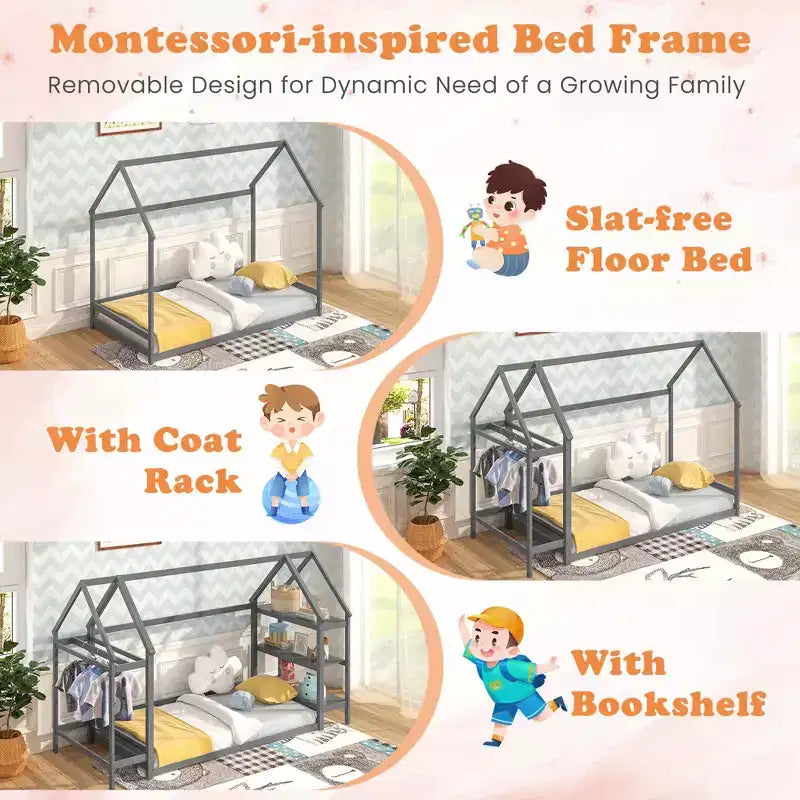 Costway Twin Size House Bed Montessori Floor Bed with Detachable Storage Shelves Gray/White