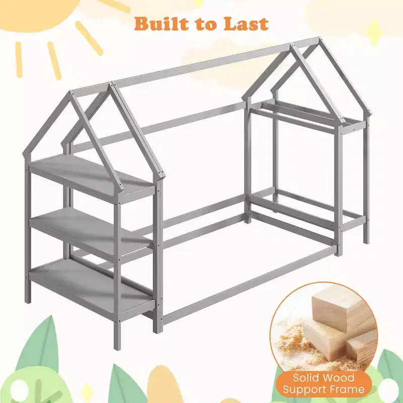 Costway Twin Size House Bed Montessori Floor Bed with Detachable Storage Shelves Gray/White