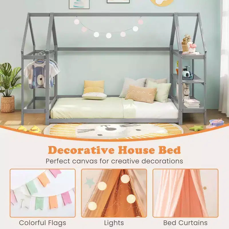 Costway Twin Size House Bed Montessori Floor Bed with Detachable Storage Shelves Gray/White