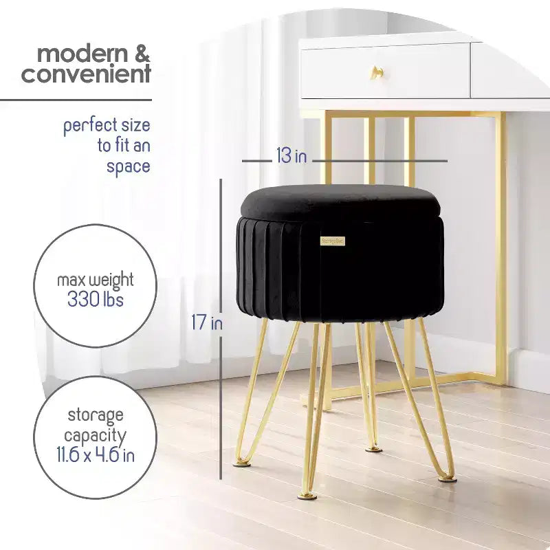 StorageBud Pleated Velvet Storage Ottoman, Round Ottoman with Storage, Foot Stool Ottoman for Living Room and Bedroom, Modern Foot Rest