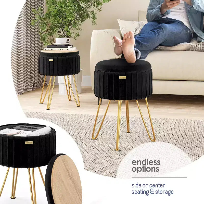 StorageBud Pleated Velvet Storage Ottoman, Round Ottoman with Storage, Foot Stool Ottoman for Living Room and Bedroom, Modern Foot Rest