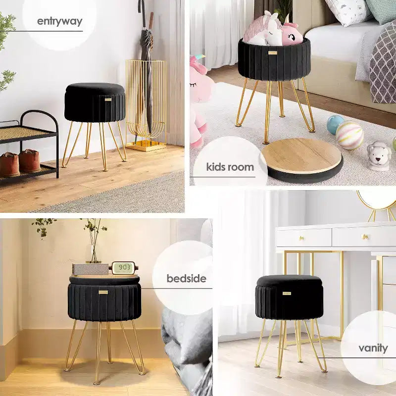 StorageBud Pleated Velvet Storage Ottoman, Round Ottoman with Storage, Foot Stool Ottoman for Living Room and Bedroom, Modern Foot Rest