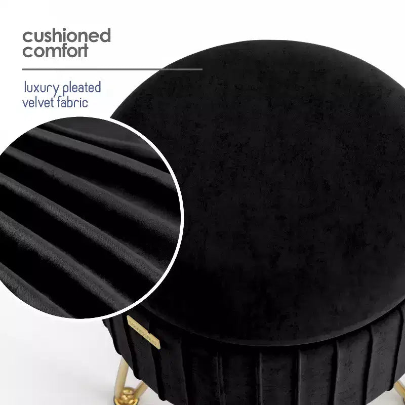 StorageBud Pleated Velvet Storage Ottoman, Round Ottoman with Storage, Foot Stool Ottoman for Living Room and Bedroom, Modern Foot Rest