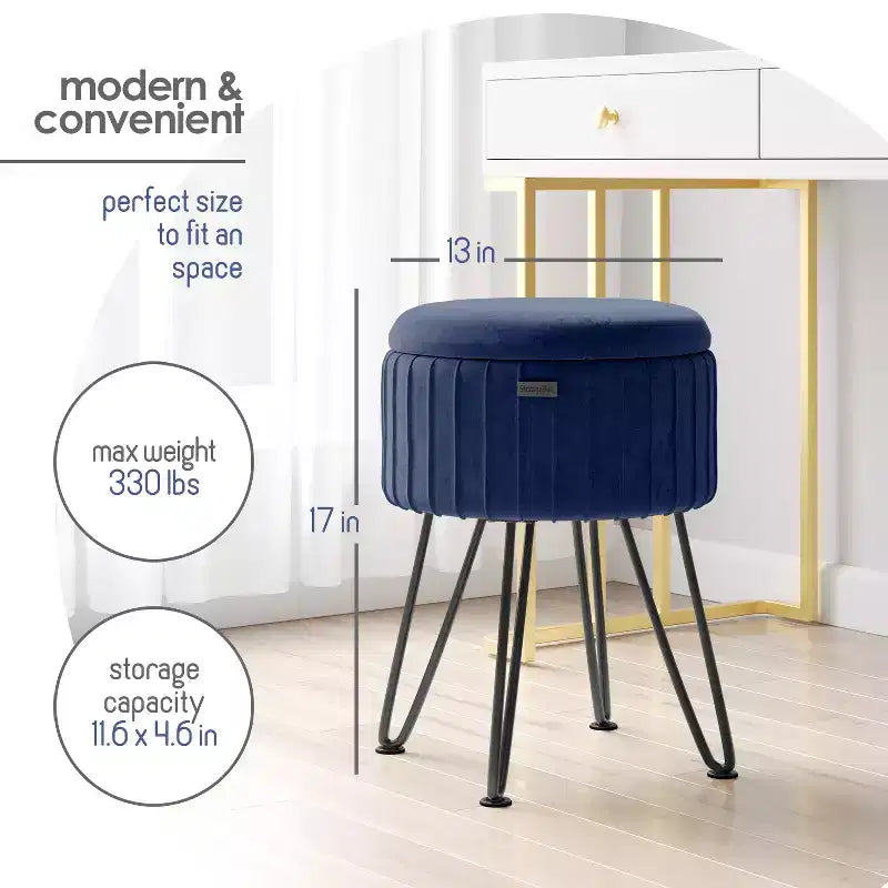 StorageBud Pleated Velvet Storage Ottoman, Round Ottoman with Storage, Foot Stool Ottoman for Living Room and Bedroom, Modern Foot Rest