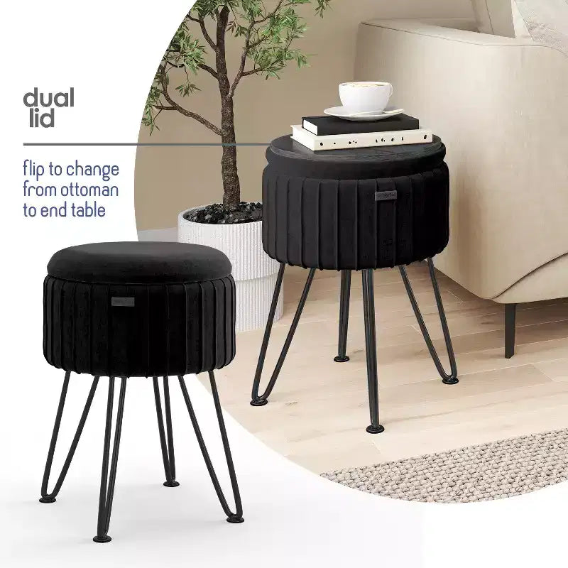 StorageBud Pleated Velvet Storage Ottoman, Round Ottoman with Storage, Foot Stool Ottoman for Living Room and Bedroom, Modern Foot Rest