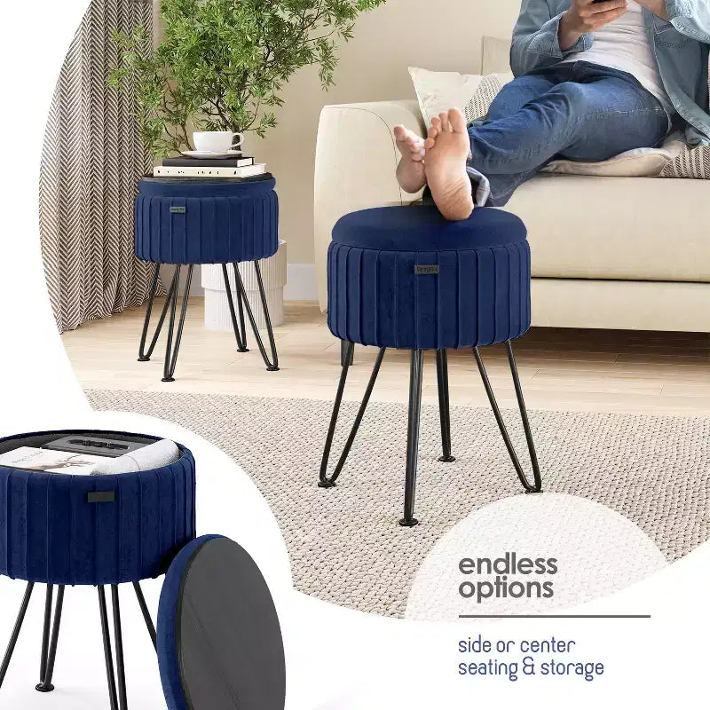 StorageBud Pleated Velvet Storage Ottoman, Round Ottoman with Storage, Foot Stool Ottoman for Living Room and Bedroom, Modern Foot Rest
