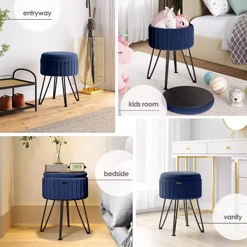 StorageBud Pleated Velvet Storage Ottoman, Round Ottoman with Storage, Foot Stool Ottoman for Living Room and Bedroom, Modern Foot Rest