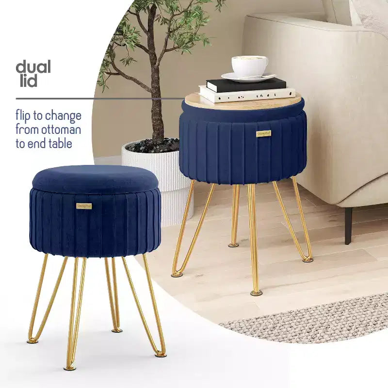 StorageBud Pleated Velvet Storage Ottoman, Round Ottoman with Storage, Foot Stool Ottoman for Living Room and Bedroom, Modern Foot Rest