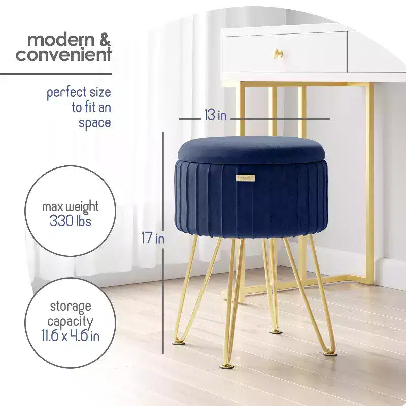 StorageBud Pleated Velvet Storage Ottoman, Round Ottoman with Storage, Foot Stool Ottoman for Living Room and Bedroom, Modern Foot Rest