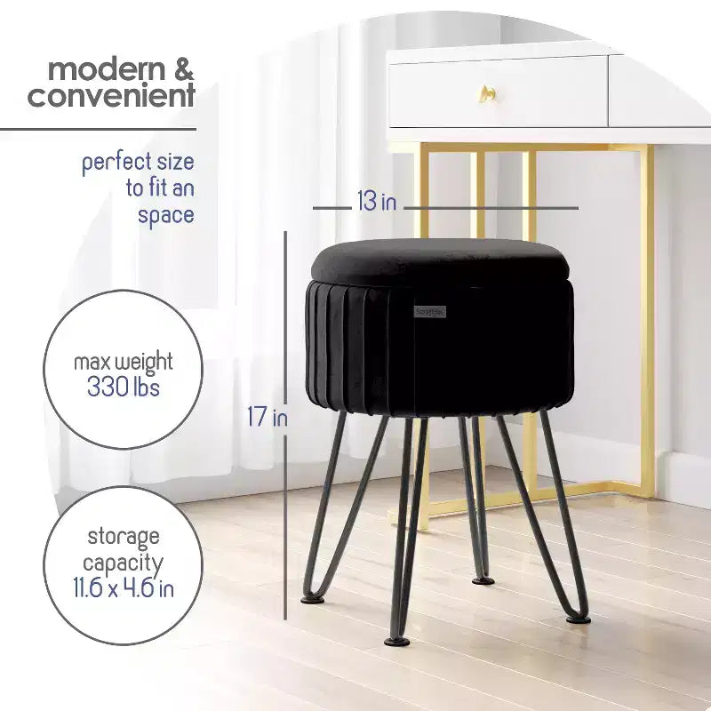 StorageBud Pleated Velvet Storage Ottoman, Round Ottoman with Storage, Foot Stool Ottoman for Living Room and Bedroom, Modern Foot Rest