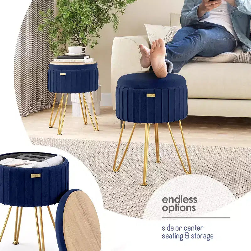 StorageBud Pleated Velvet Storage Ottoman, Round Ottoman with Storage, Foot Stool Ottoman for Living Room and Bedroom, Modern Foot Rest