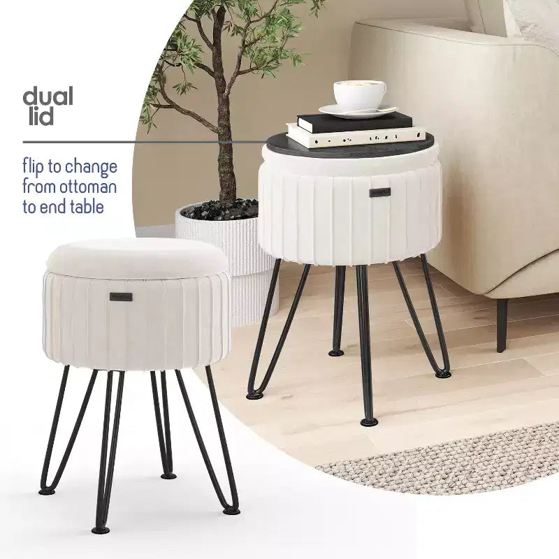 StorageBud Pleated Velvet Storage Ottoman, Round Ottoman with Storage, Foot Stool Ottoman for Living Room and Bedroom, Modern Foot Rest
