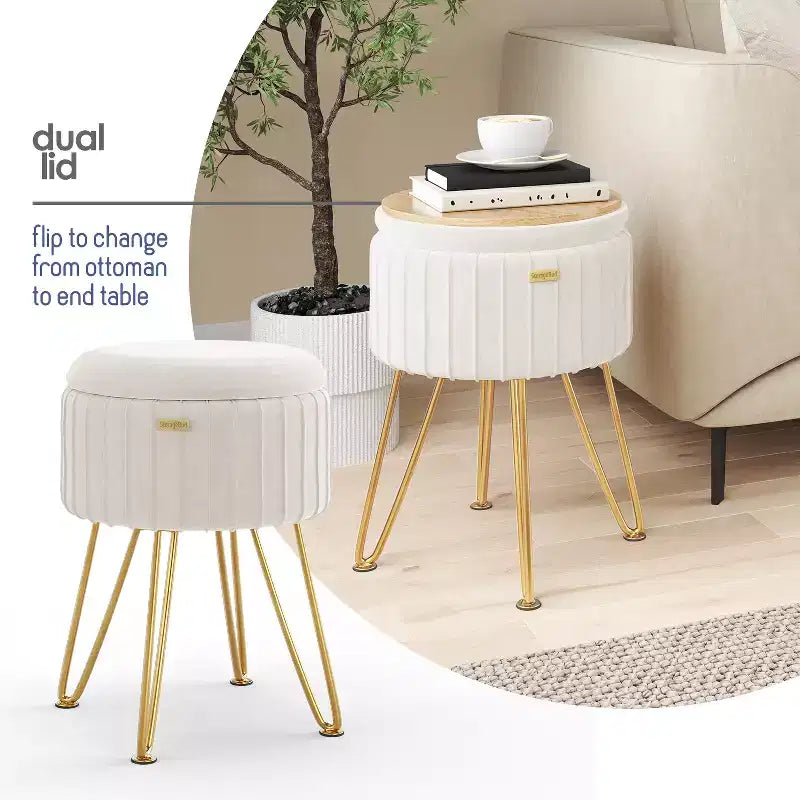 StorageBud Pleated Velvet Storage Ottoman, Round Ottoman with Storage, Foot Stool Ottoman for Living Room and Bedroom, Modern Foot Rest