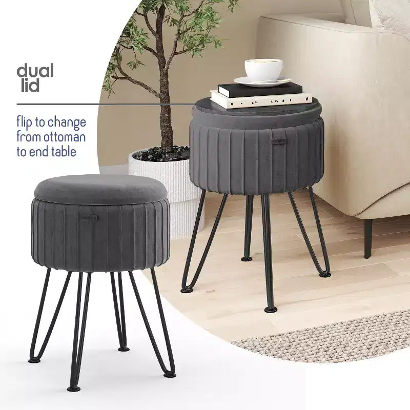 StorageBud Pleated Velvet Storage Ottoman, Round Ottoman with Storage, Foot Stool Ottoman for Living Room and Bedroom, Modern Foot Rest