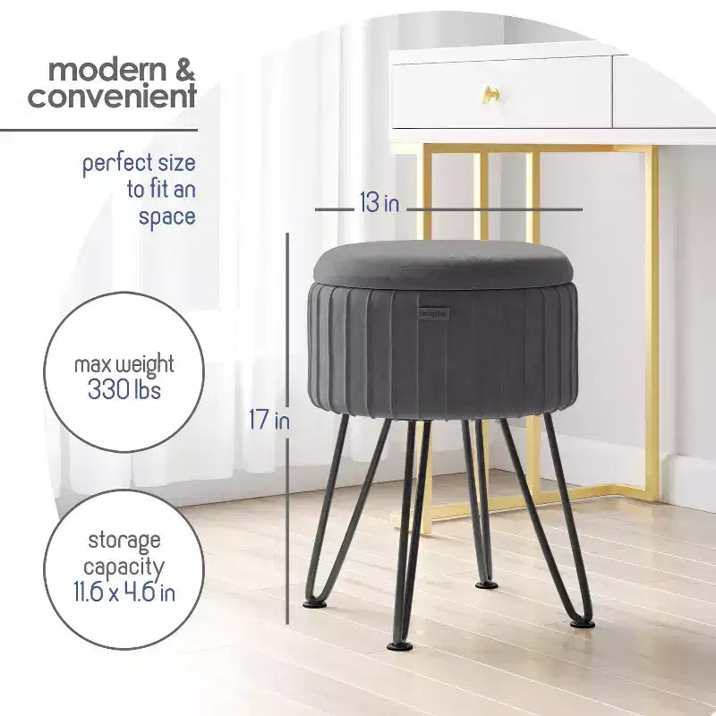 StorageBud Pleated Velvet Storage Ottoman, Round Ottoman with Storage, Foot Stool Ottoman for Living Room and Bedroom, Modern Foot Rest