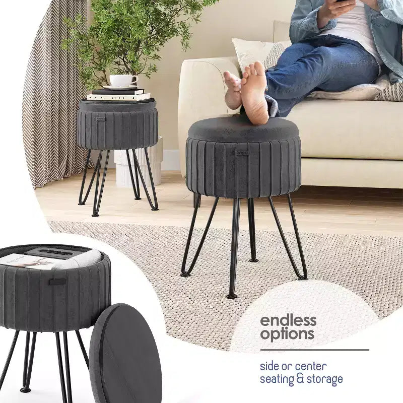 StorageBud Pleated Velvet Storage Ottoman, Round Ottoman with Storage, Foot Stool Ottoman for Living Room and Bedroom, Modern Foot Rest