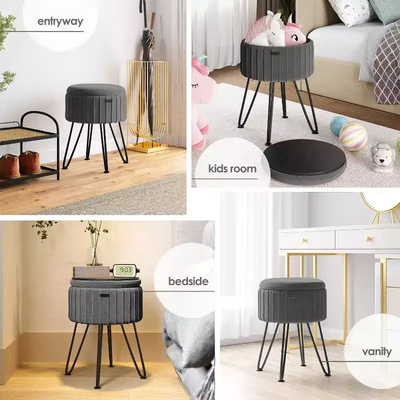StorageBud Pleated Velvet Storage Ottoman, Round Ottoman with Storage, Foot Stool Ottoman for Living Room and Bedroom, Modern Foot Rest
