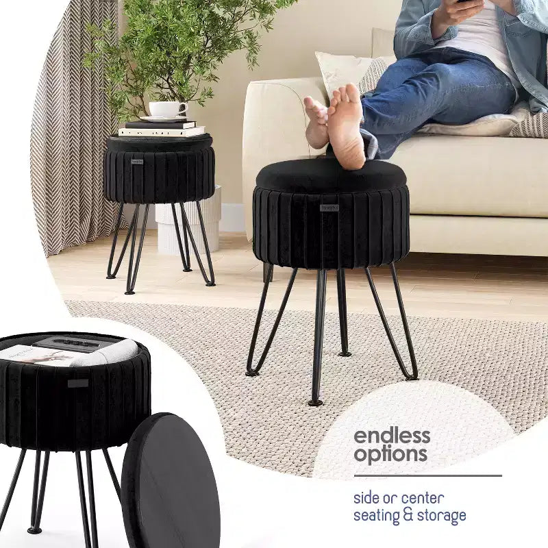 StorageBud Pleated Velvet Storage Ottoman, Round Ottoman with Storage, Foot Stool Ottoman for Living Room and Bedroom, Modern Foot Rest