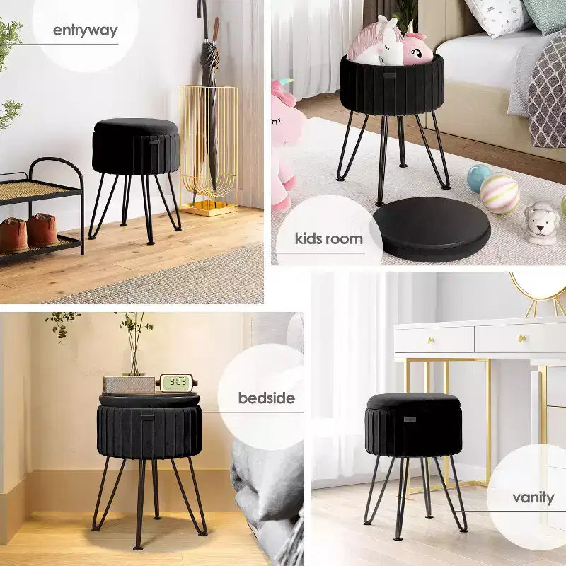 StorageBud Pleated Velvet Storage Ottoman, Round Ottoman with Storage, Foot Stool Ottoman for Living Room and Bedroom, Modern Foot Rest