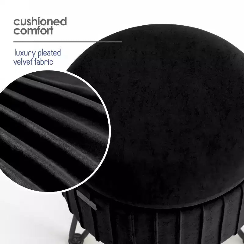 StorageBud Pleated Velvet Storage Ottoman, Round Ottoman with Storage, Foot Stool Ottoman for Living Room and Bedroom, Modern Foot Rest