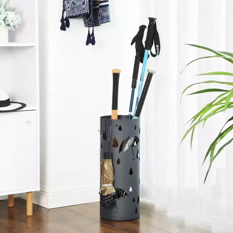 Portaombrelli, Portaombrelli in Metallo per Ingresso, con Vaschetta Raccogligocce e 4 Ganci, 19.5 x 19.5 x 49 cm, Rotondo