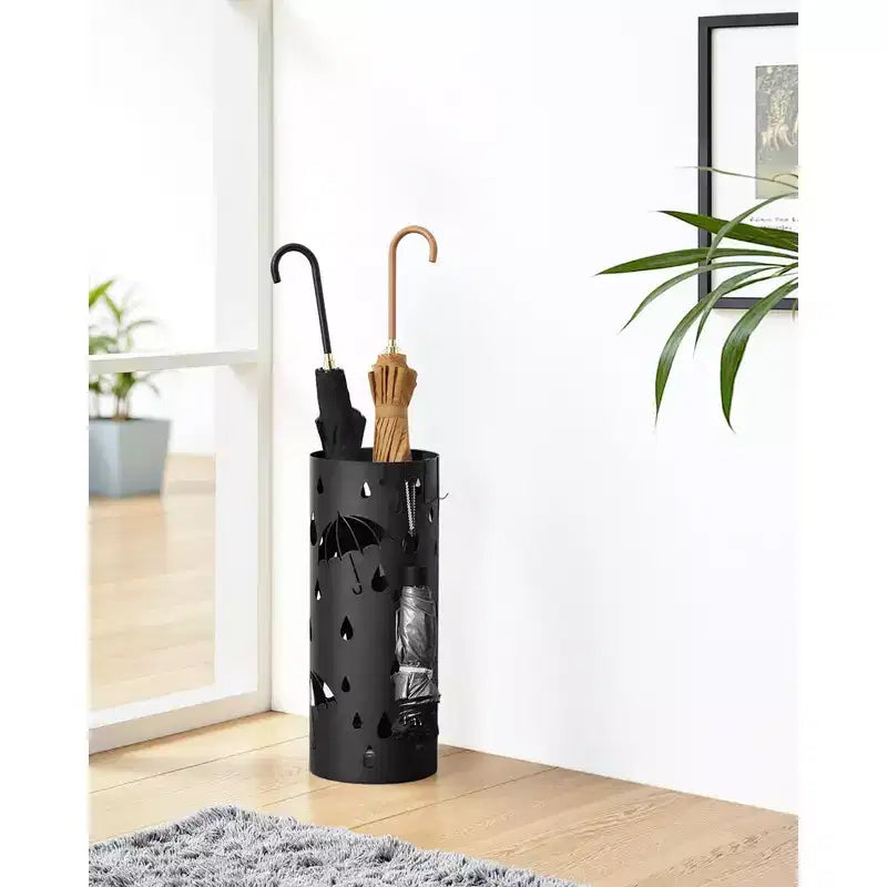 Portaombrelli, Portaombrelli in Metallo per Ingresso, con Vaschetta Raccogligocce e 4 Ganci, 19.5 x 19.5 x 49 cm, Rotondo