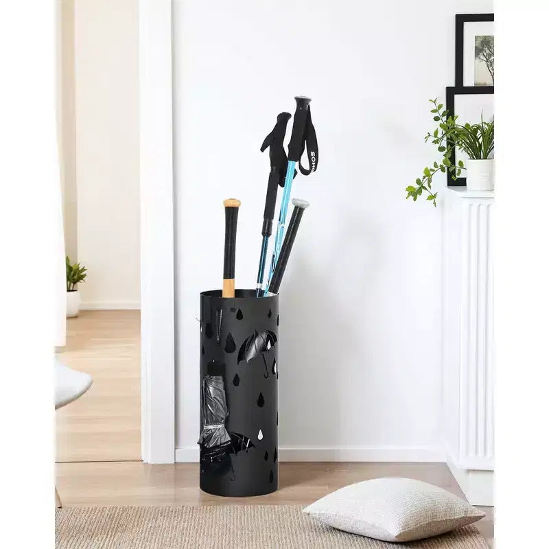Portaombrelli, Portaombrelli in Metallo per Ingresso, con Vaschetta Raccogligocce e 4 Ganci, 19.5 x 19.5 x 49 cm, Rotondo