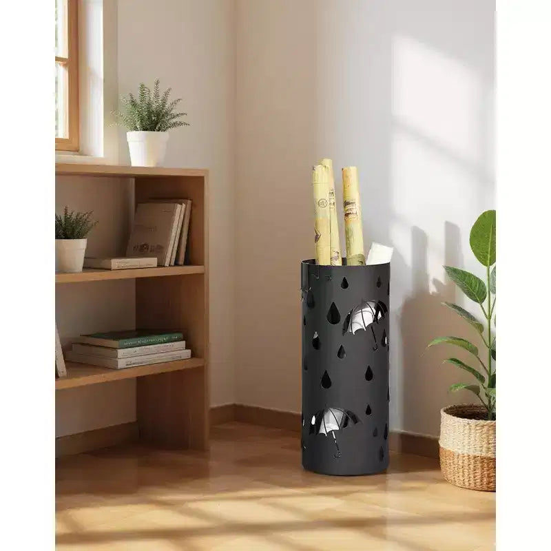 Portaombrelli, Portaombrelli in Metallo per Ingresso, con Vaschetta Raccogligocce e 4 Ganci, 19.5 x 19.5 x 49 cm, Rotondo