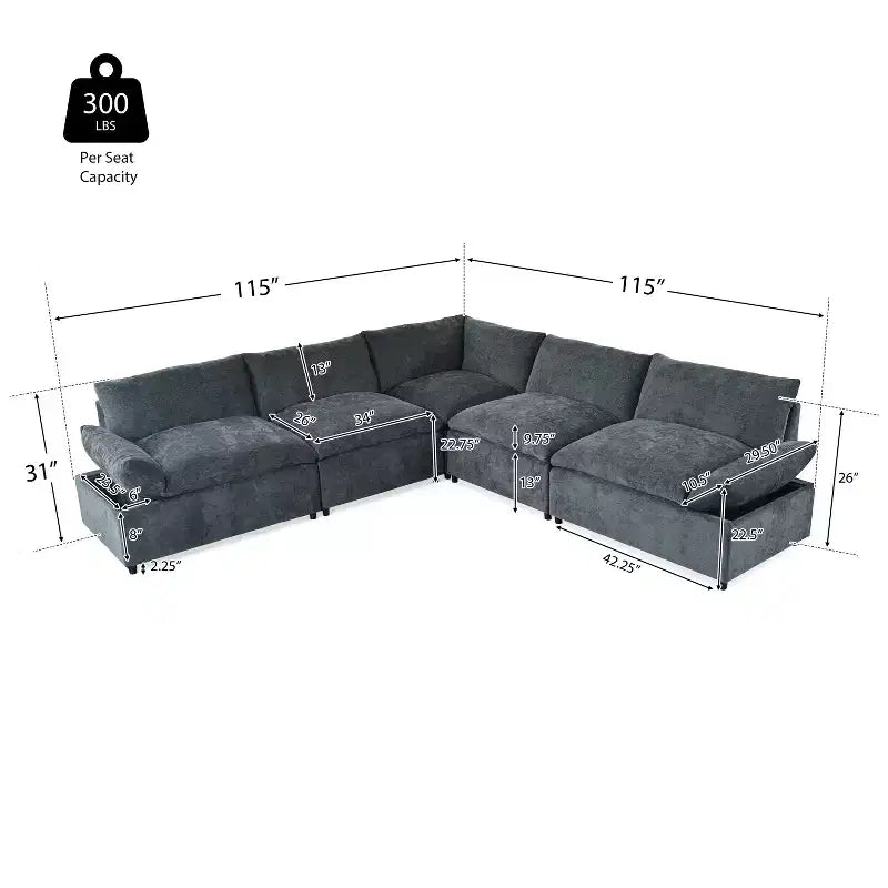 Christopher Knight Home Jovie 115.5 Upholstered Modular Sectional Sofa with Hidden Storage Compartments, Gray