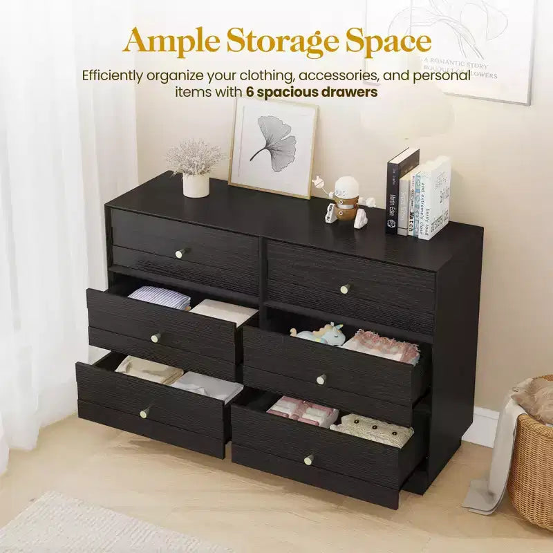 Heynemo 6 Drawer Dresser, Modern Closet Dressers with Crystal Knobs & Painted Strip, for Bedroom Living Room Hallway Closet