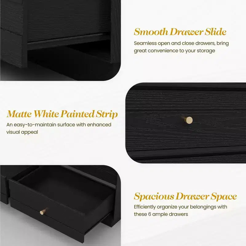 Heynemo 6 Drawer Dresser, Modern Closet Dressers with Crystal Knobs & Painted Strip, for Bedroom Living Room Hallway Closet