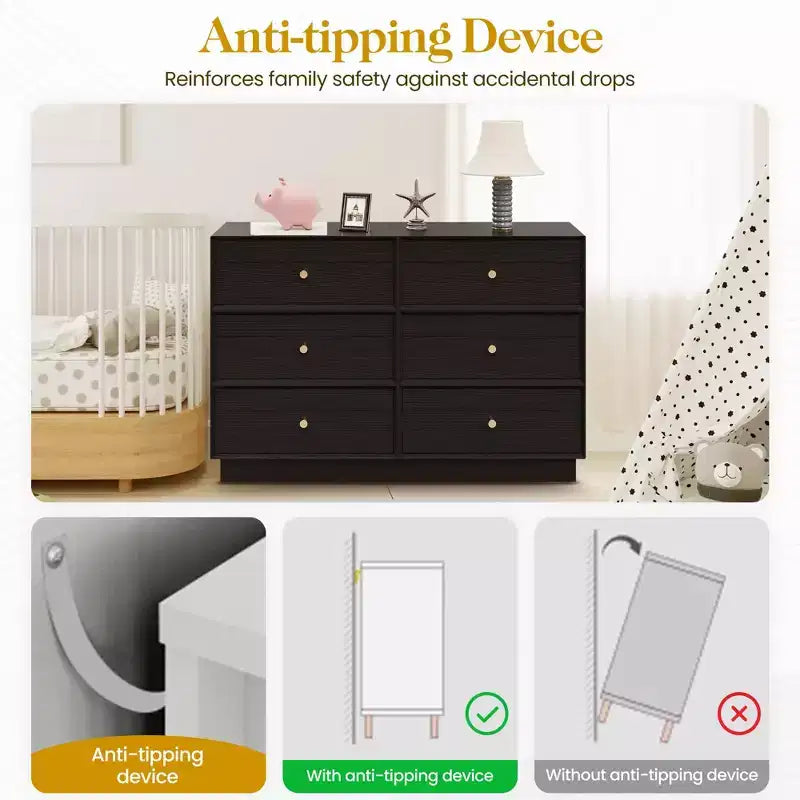 Heynemo 6 Drawer Dresser, Modern Closet Dressers with Crystal Knobs & Painted Strip, for Bedroom Living Room Hallway Closet