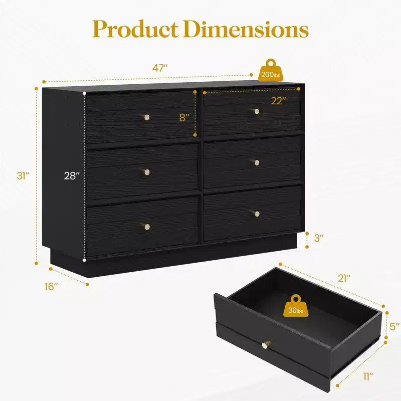 Heynemo 6 Drawer Dresser, Modern Closet Dressers with Crystal Knobs & Painted Strip, for Bedroom Living Room Hallway Closet